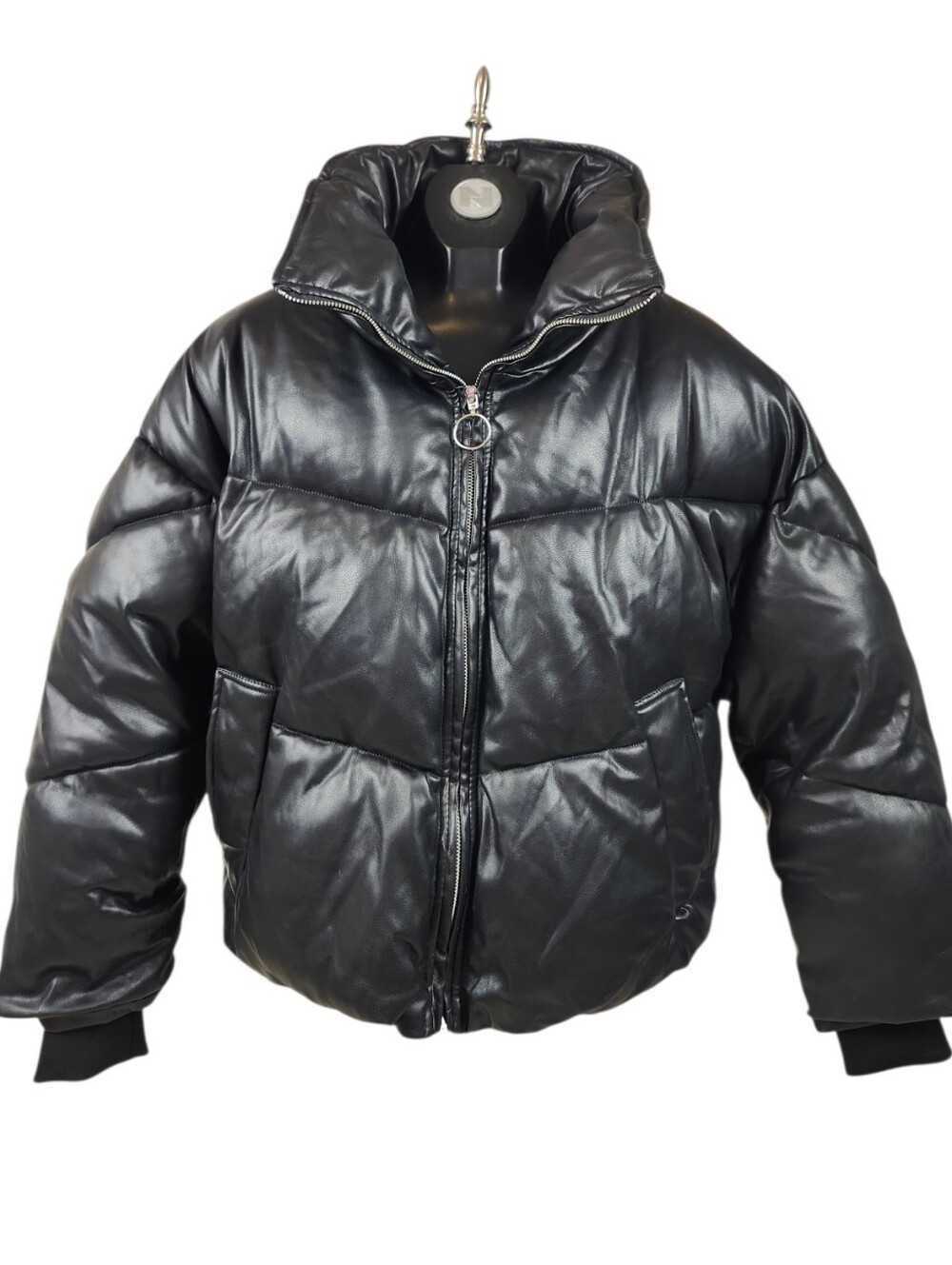 Rebecca Minkoff Womens Kusi Faux Leather Puffer Jacket Black Cinch Cropped Sz S